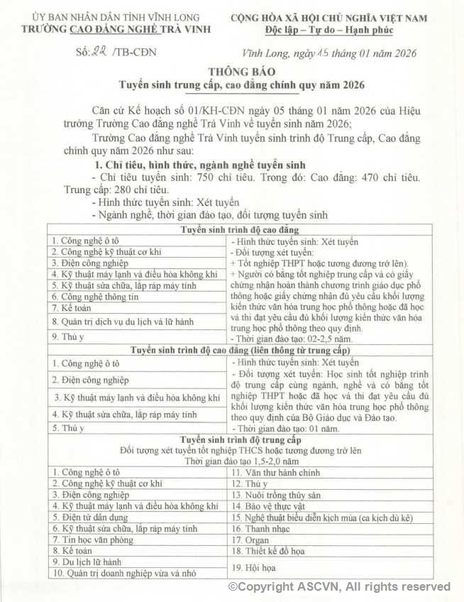 Thông báo tuyển sinh trung cấp, cao đẳng năm 2026